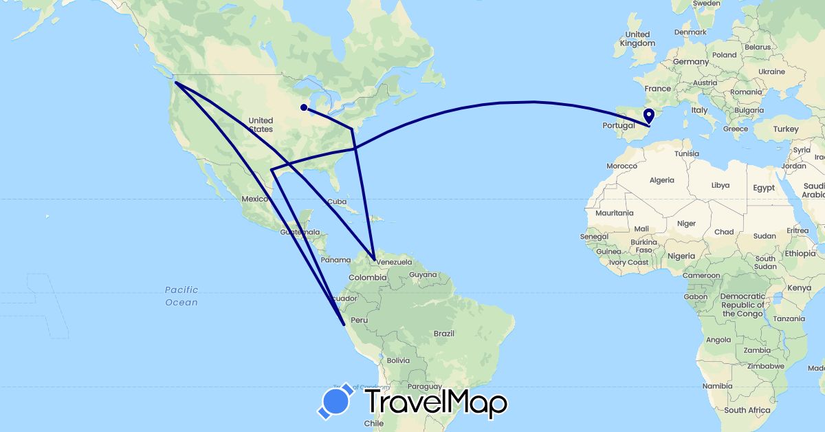 TravelMap itinerary: driving in Spain, Peru, United States, Venezuela (Europe, North America, South America)